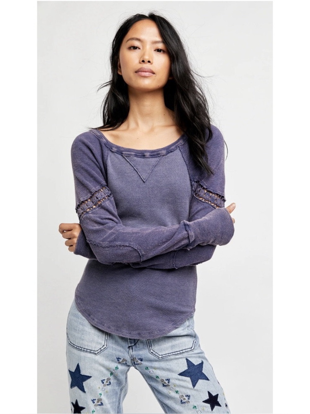 Free People Luella Tee in Blue Crochet Knit Long Sleeve Size L